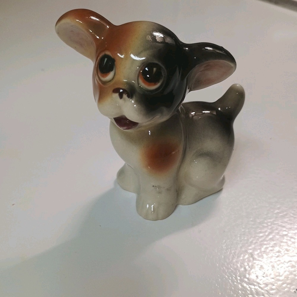 Small Dog Figurine Ceramic Brown Black Cute Puppy Japan